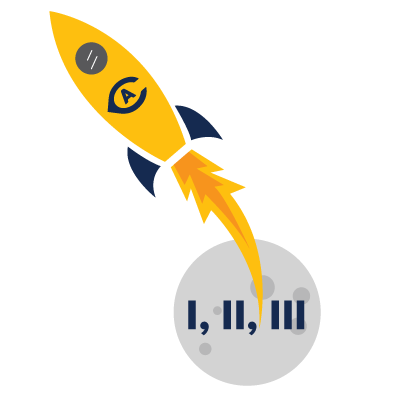 Graphic: Rocket and moon with "I, II, III"