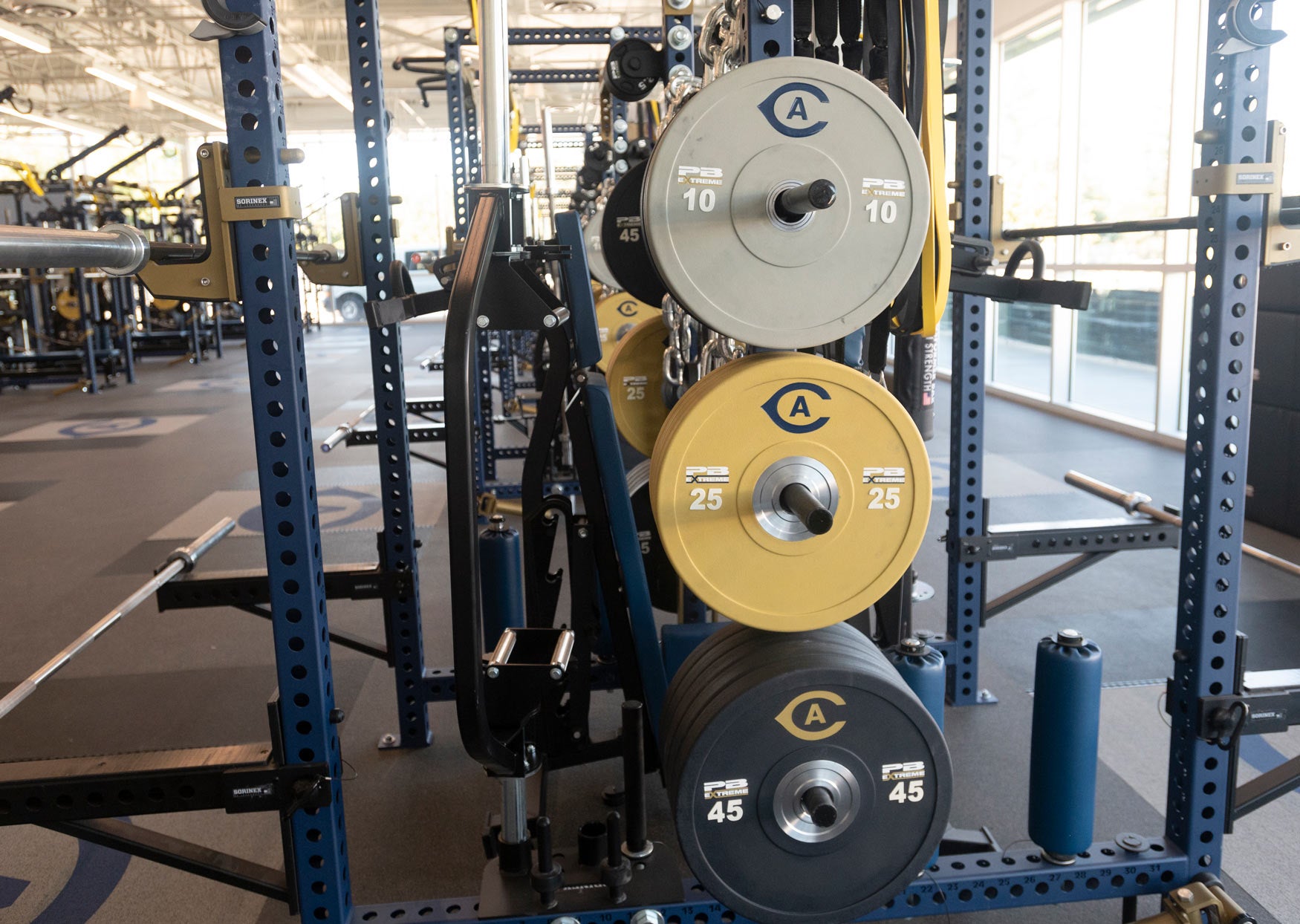 Closeup of weights in blue, gold and gray with "CA" athletics logo
