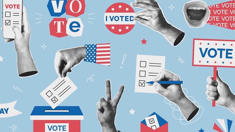 Voting-themed graphic with hands casting ballots, VOTE signs and ballot box