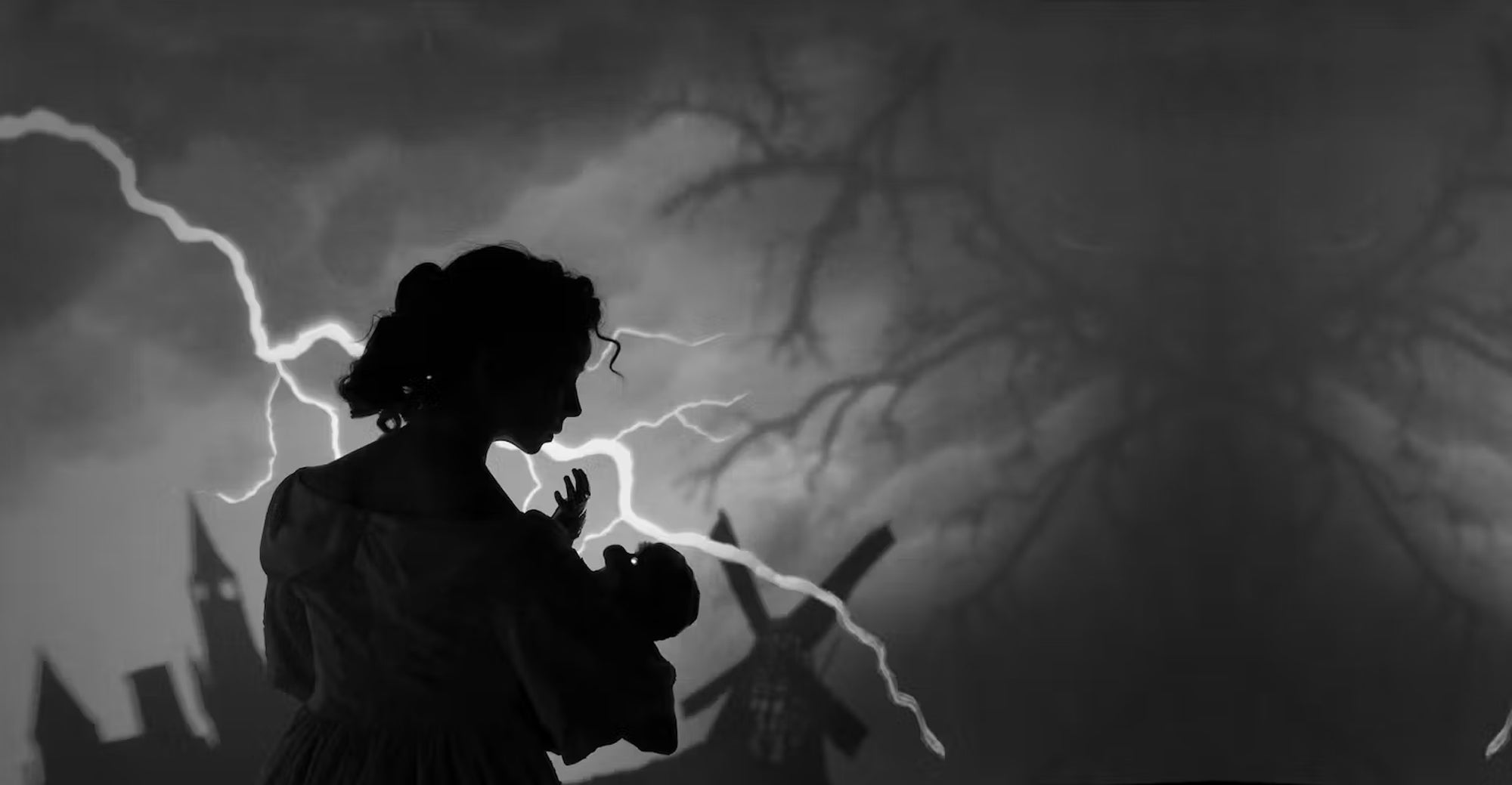 Black-and-white, horror-like image from "Frankenstein," woman holding baby under lightning