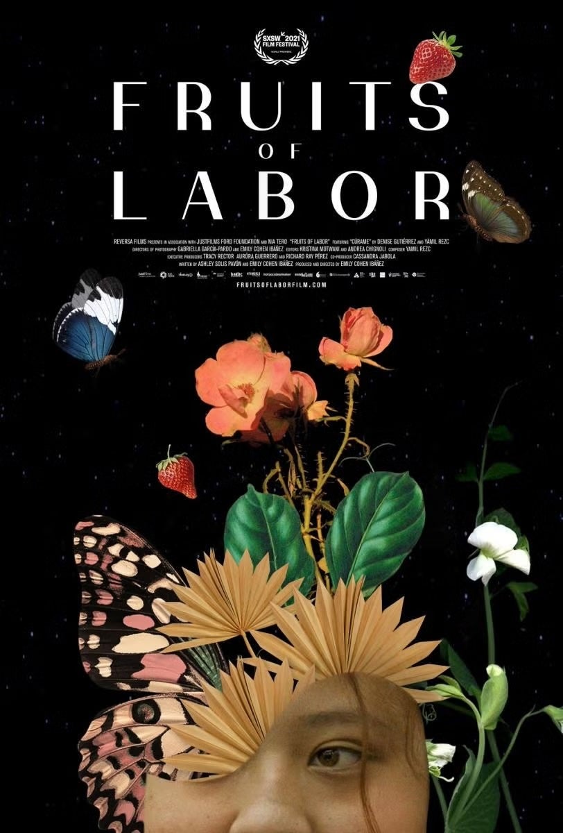 A collage poster featuring a girl's face surrounded by flowers, butterflies, and stars.