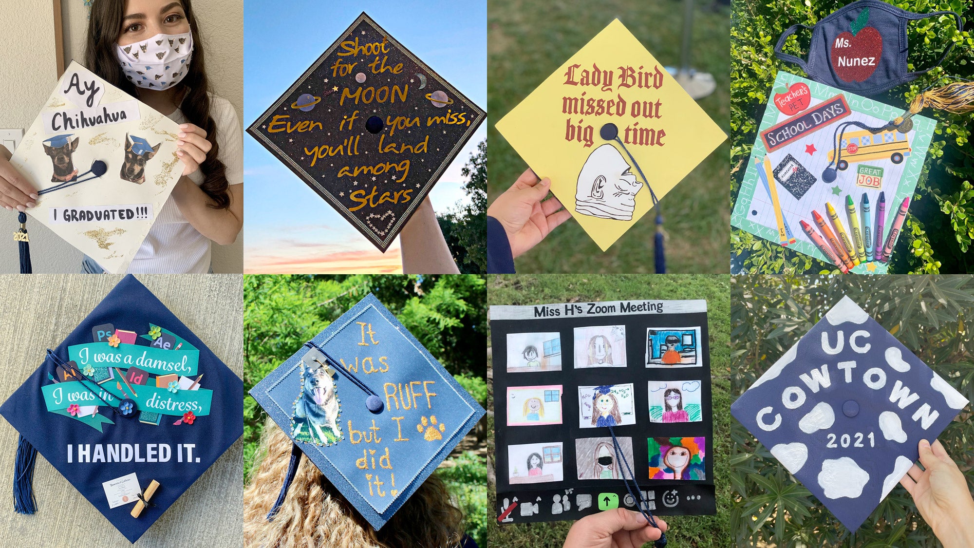 Collage of eight decorated grad caps and two face coverings