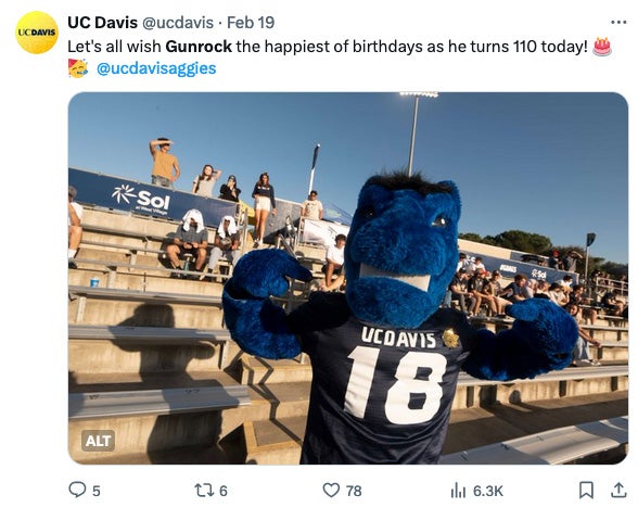 Tweet with photo of Gunrock in stands at football game with text: Let's all wish Gunrock the happiest of birthdays as he turns 110 today! 🎂🥳  @ucdavisaggies