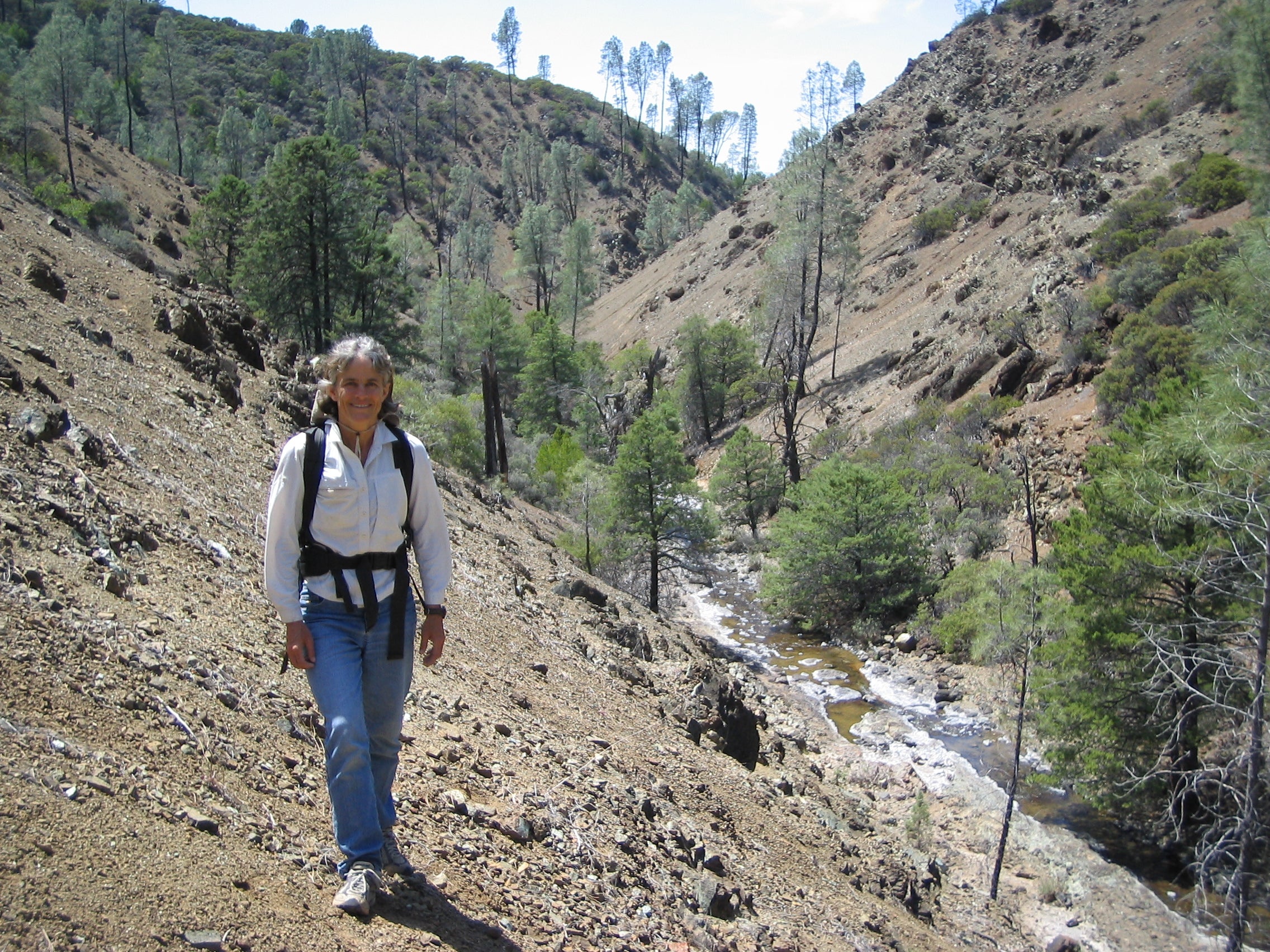 Susan P Harrison outdoors walking on a trail on a research trip.