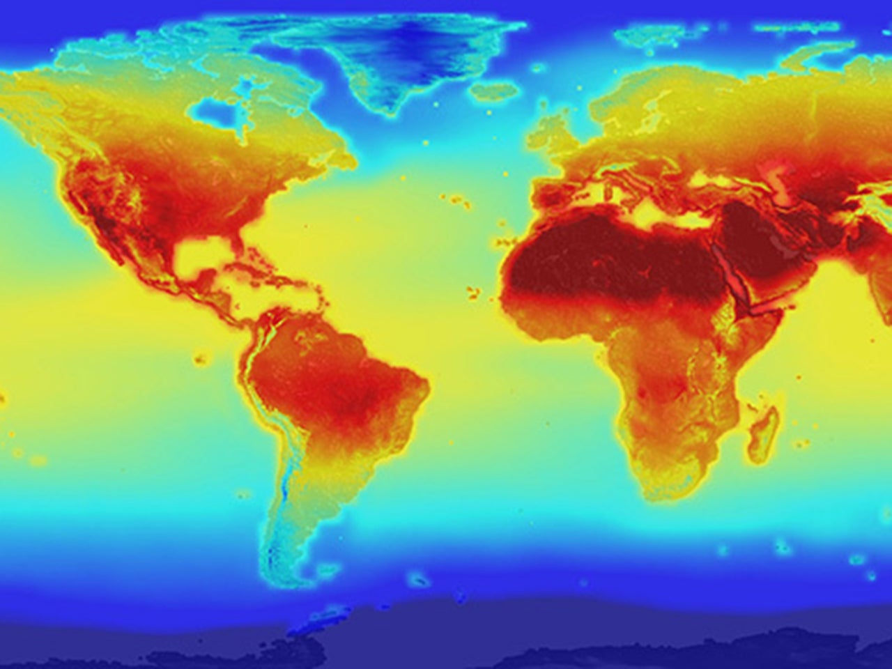 A heat map created by NASA. California is dark red, showing that it will be extremely hot in the next century.