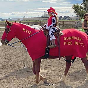 Horse wearing red "fire department" costume