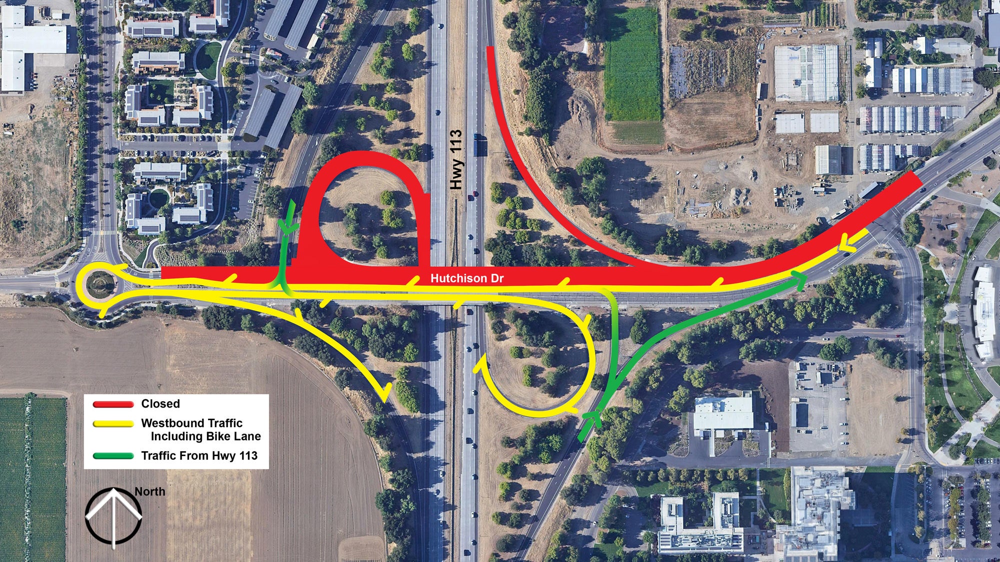Aerial view of highway interchange with detour route added