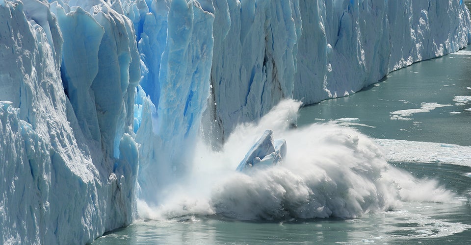 Ice calving, also known as glacier calving, happens when large ice chunks break from the edge of its larger mass. It is considered a form of ice abelation or ice disruption and is normally caused by the expansion of the ice around it. (Getty Images)