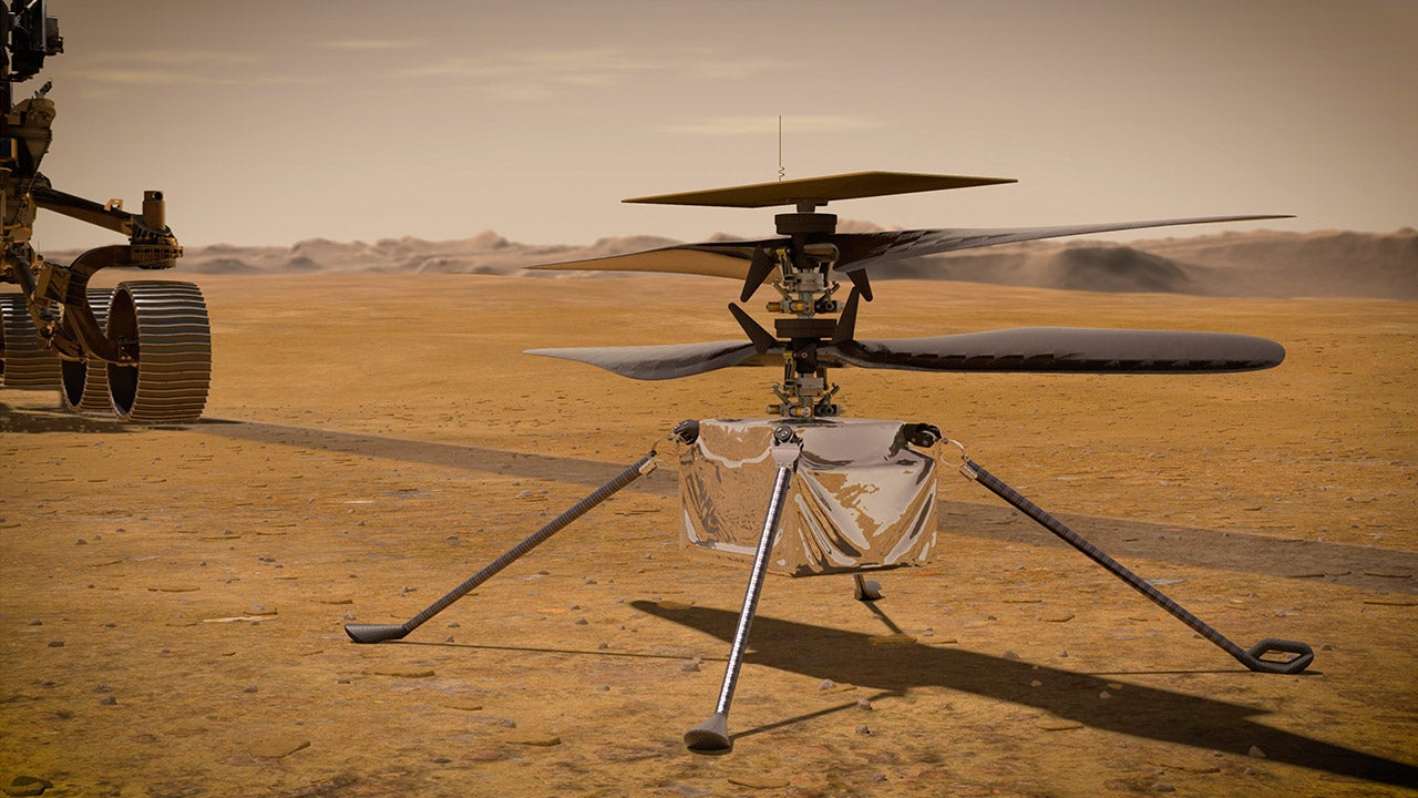 Rendering of helicopter on the surface of Mars.
