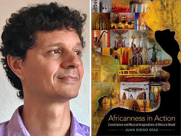 Juan Diego Díaz headshot, UC Davis faculty, and "Africanness in Action" book cover