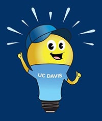 Blue graphic shows light bulb with UC Davis logo and hat