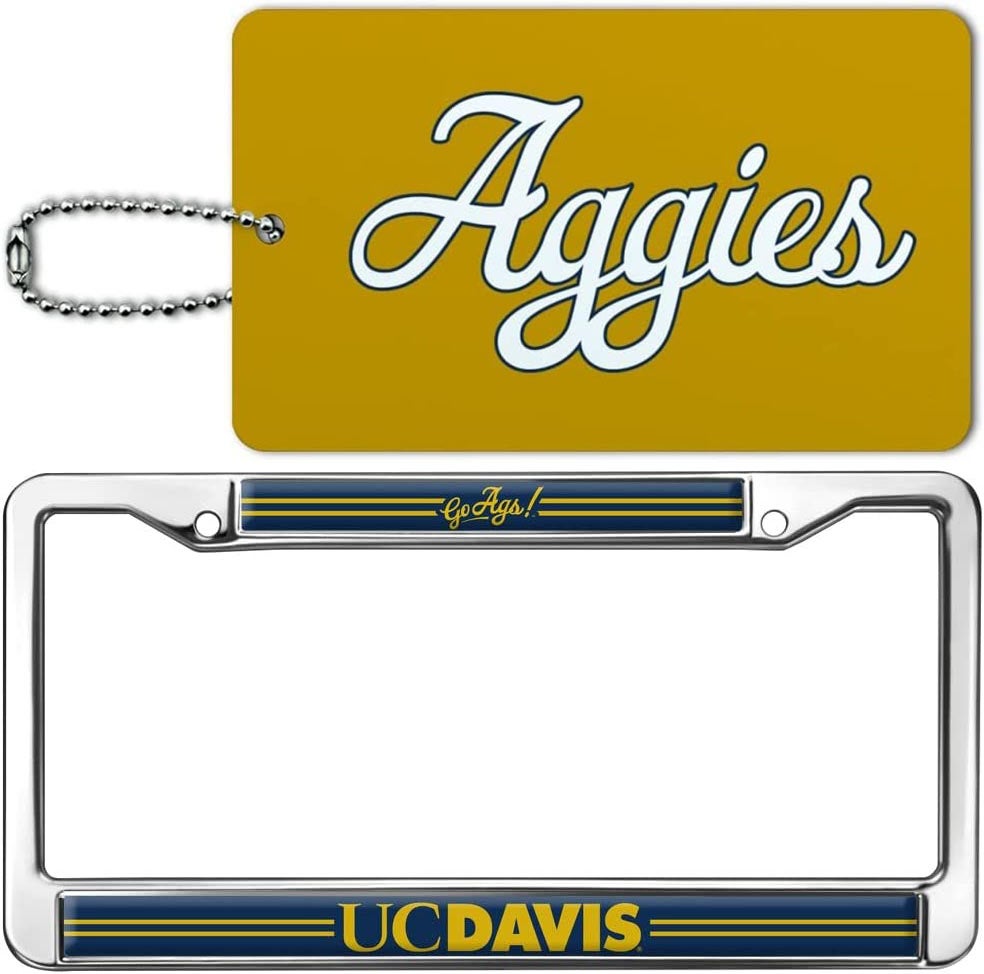 "Aggies" script luggage tag, gold, and "Go Ags!" license plate frame