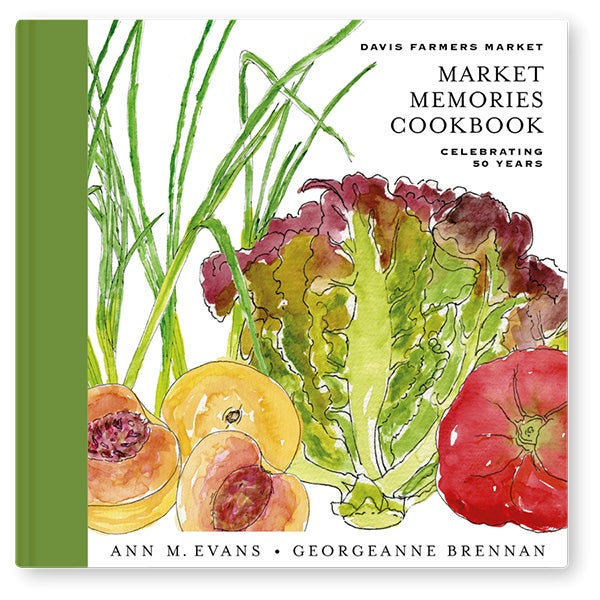 Cookbook cover, watercolor illustration of lettuce, peaches and tomato with green stems