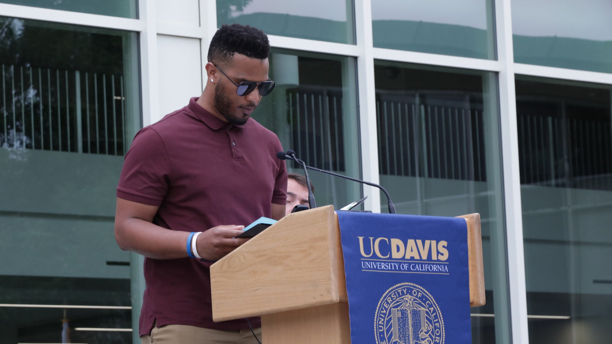 Man read names from UC Davis podium