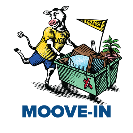 Illustration of cow pushing cart of belongings, with text: "Moove-In"
