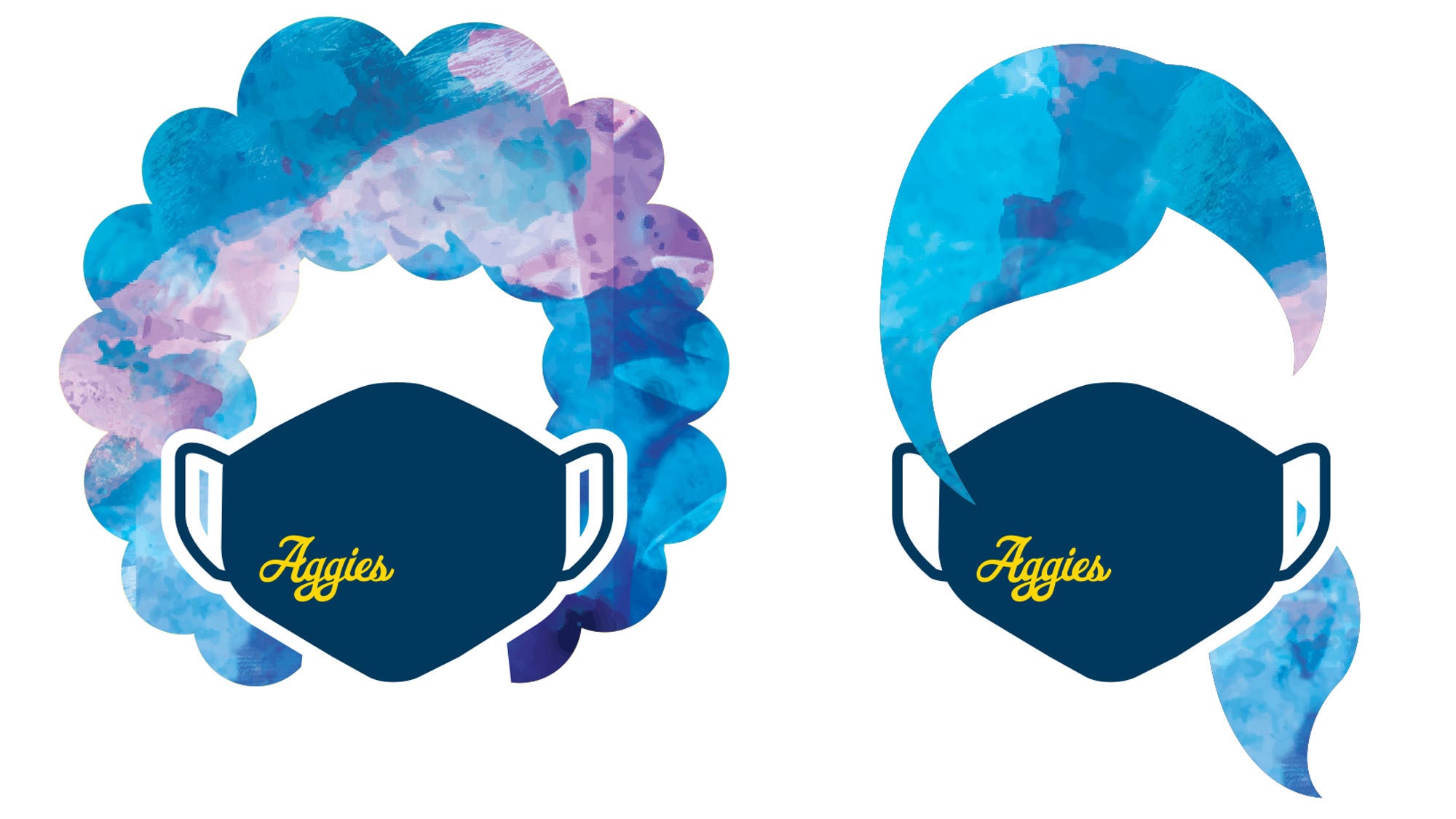 Drawings of two people wearing "Aggies" face masks.