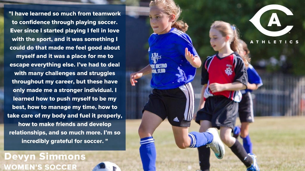 Young girl plays soccer, next to quote about what athletics participation means to her