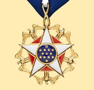 Medal: Five-pointed star. surrounded by gold eagles, and with a center circle of 13 stars
