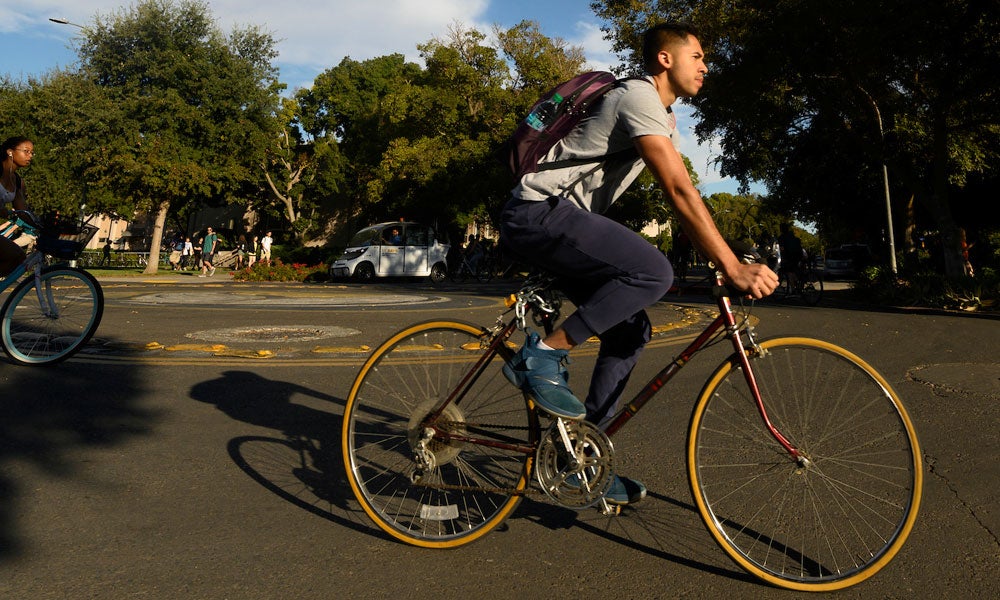 A person rides a bike through the UC Davis campus