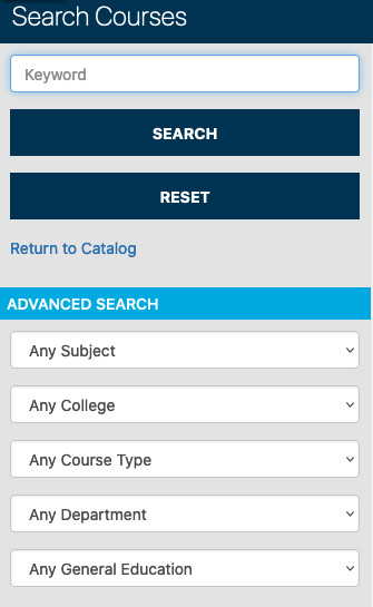 Advanced search function allows for course searching by subject, college, course type, department or general education requirement