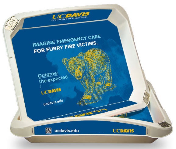 Airport security bin with UC Davis advertising on tray liner and side