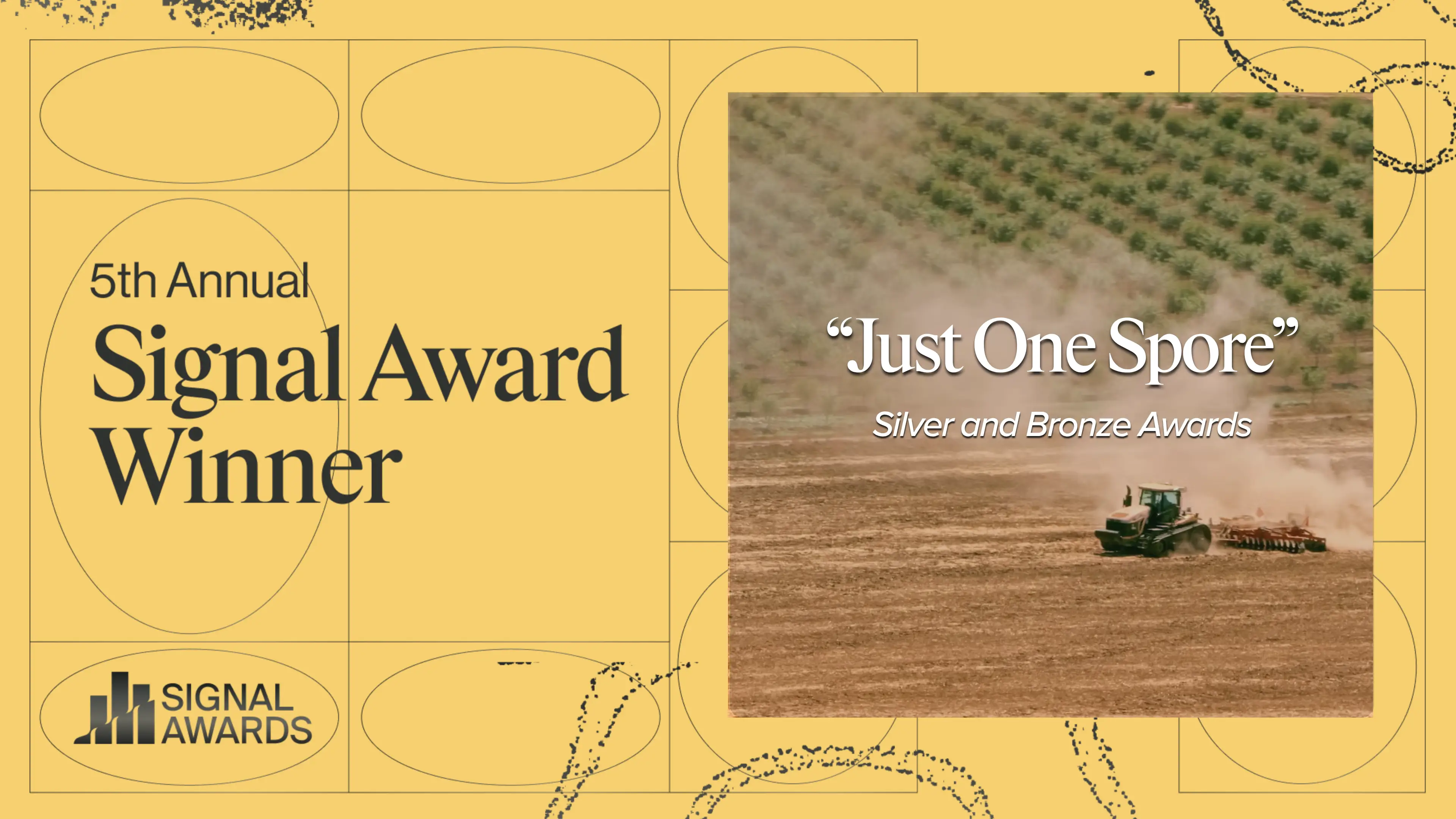 5th Annual Signal Award winner banner with tractor photo titled "Just One Spore"