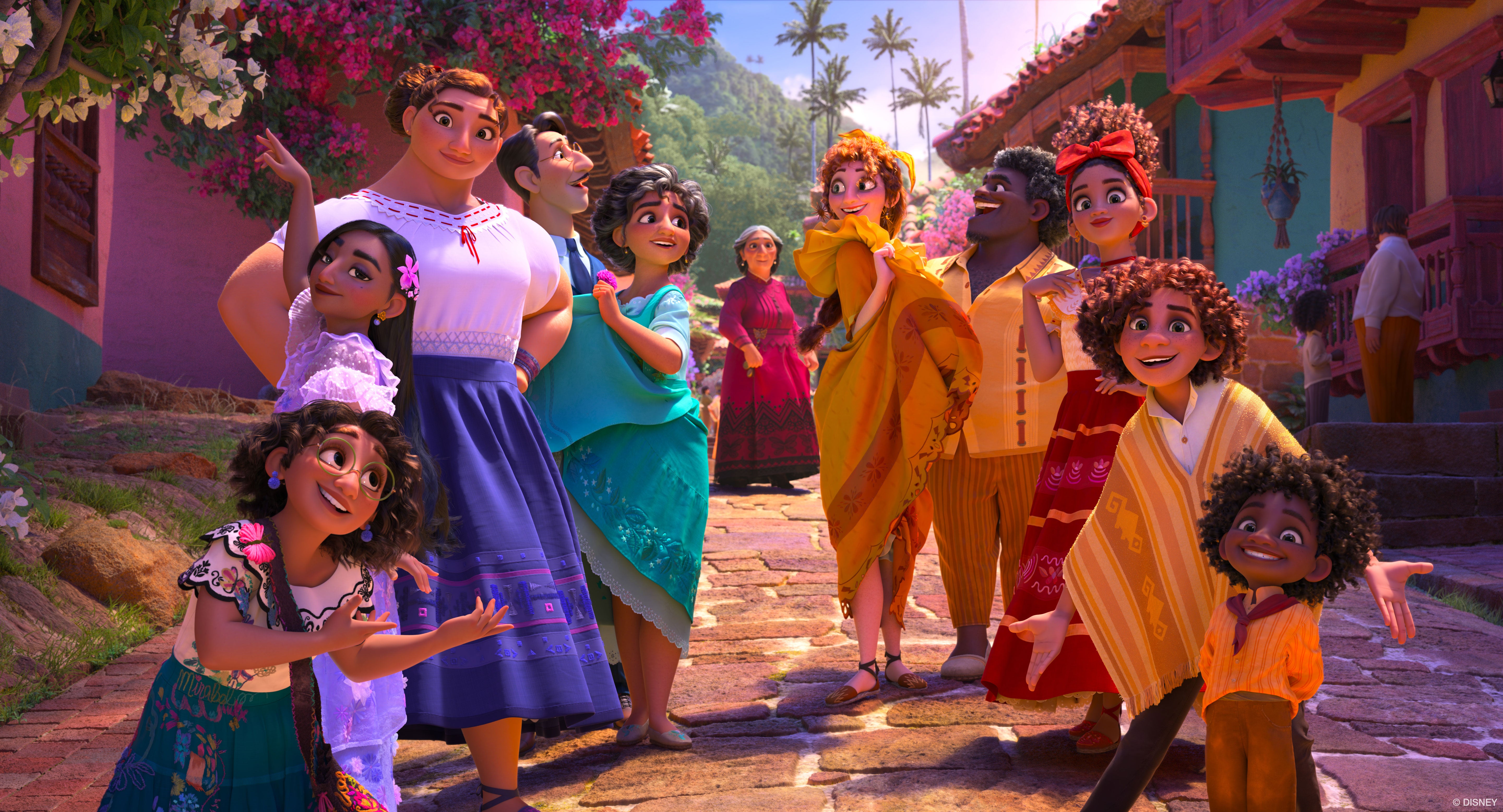 Animated members of Encanto cast shown in bright village scape