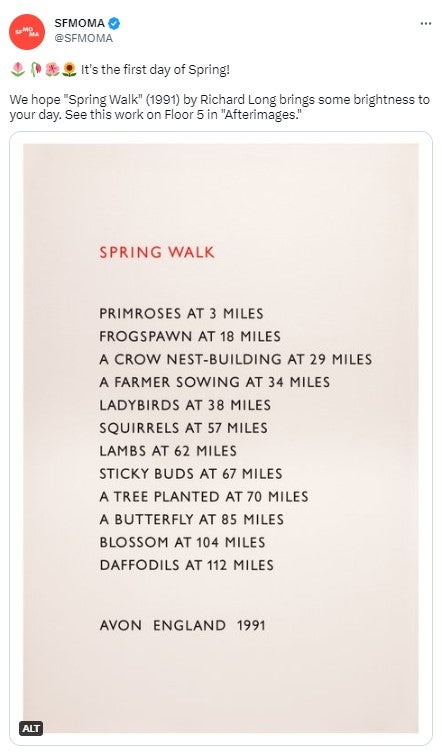 A tweet from SMOMA that features "Spring Walk" (1991) by Richard Long