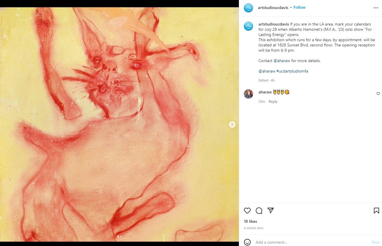 Instagram post of an artwork depicting an orange rabbit against a yellow background. The caption reads "If you are in the LA area, mark your calendars for July 28 when Alberto Hamonet's (MFA '23) solo show 'For Lasting Energy' opens. This exhibition which runs for a few days, by appointment, will be located at 1828 Sunset Blvd, second floor. The opening reception will be from 6-9 pm."