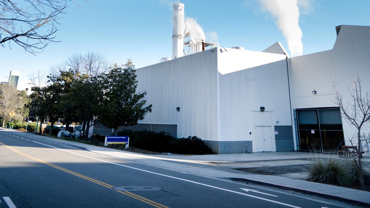 Steam comes out of the heating and cooling plant at UC Davis