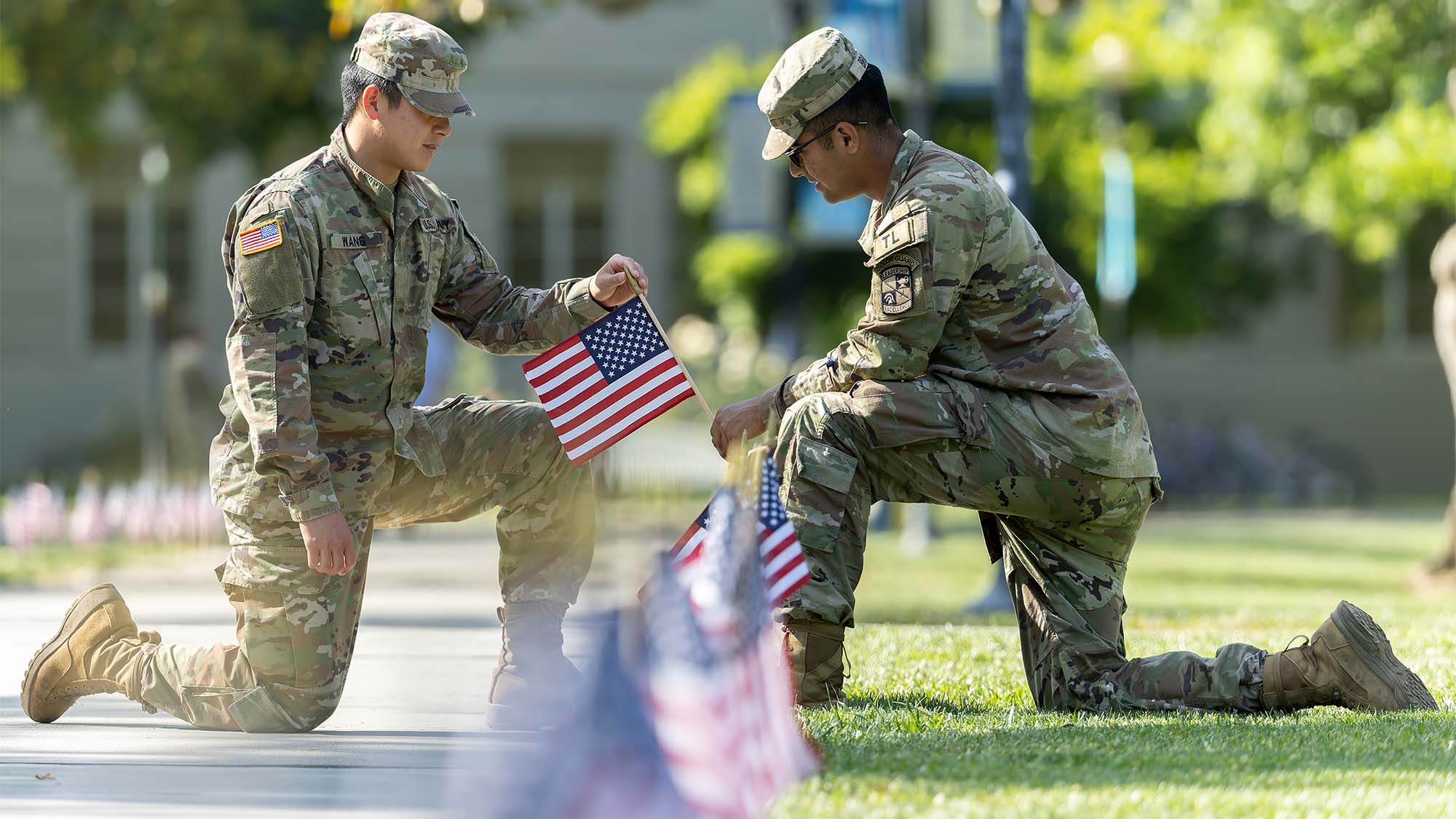 ROTC cadets place flags on the Quad.
