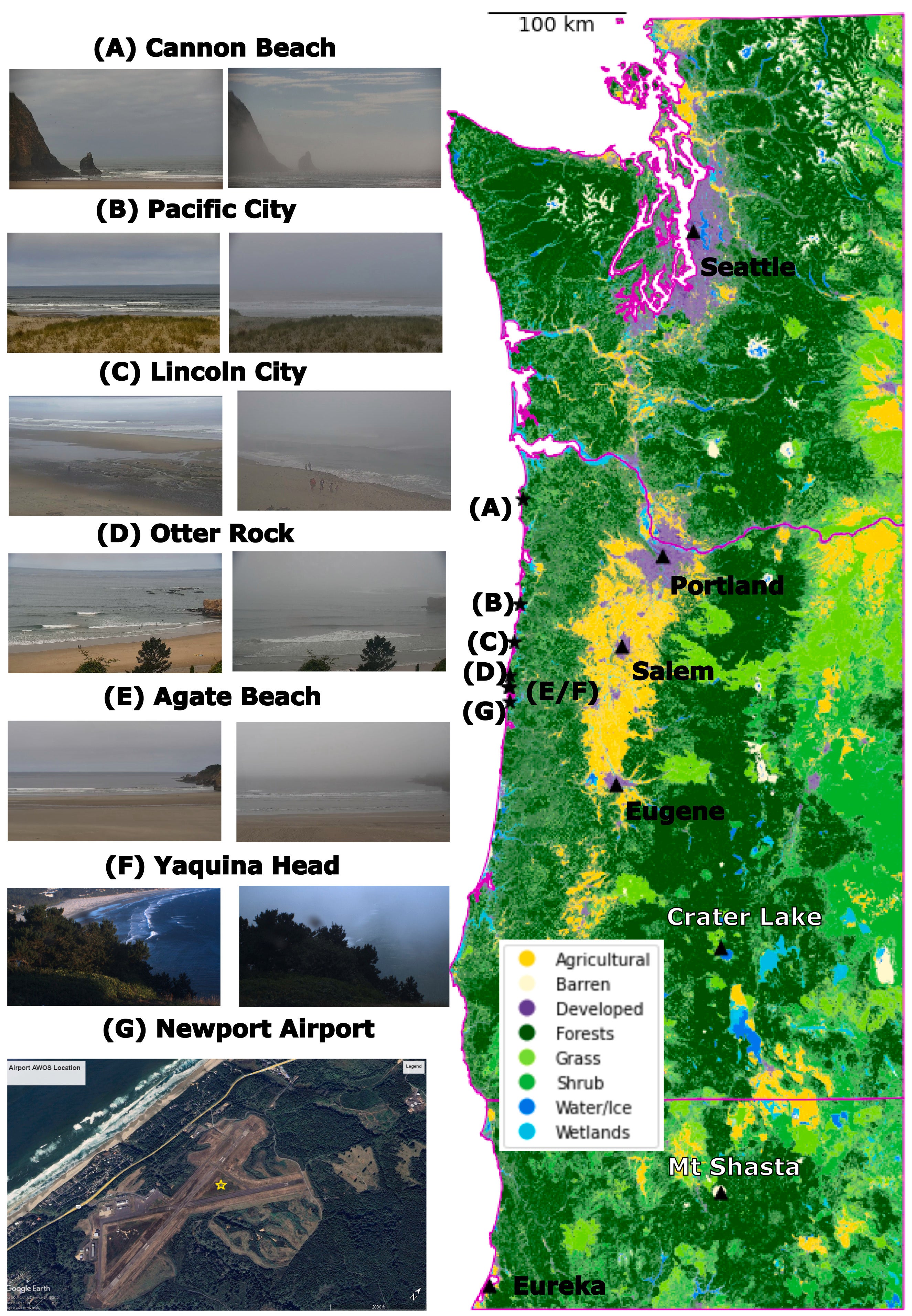 Colored landcover map of Oregon coast, labeled beach sites A-G and Newport Airport inset