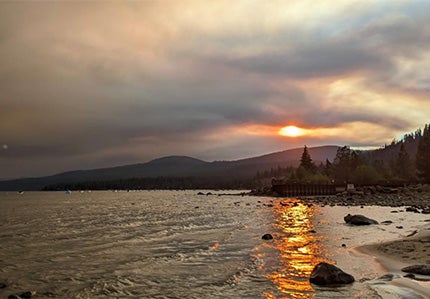 Smokey sky and sunset above Lake Tahoe