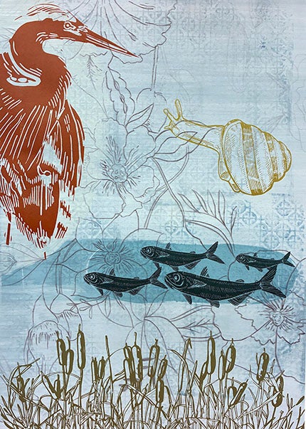 Illustration of heron by water with three fish, seashell and reeds