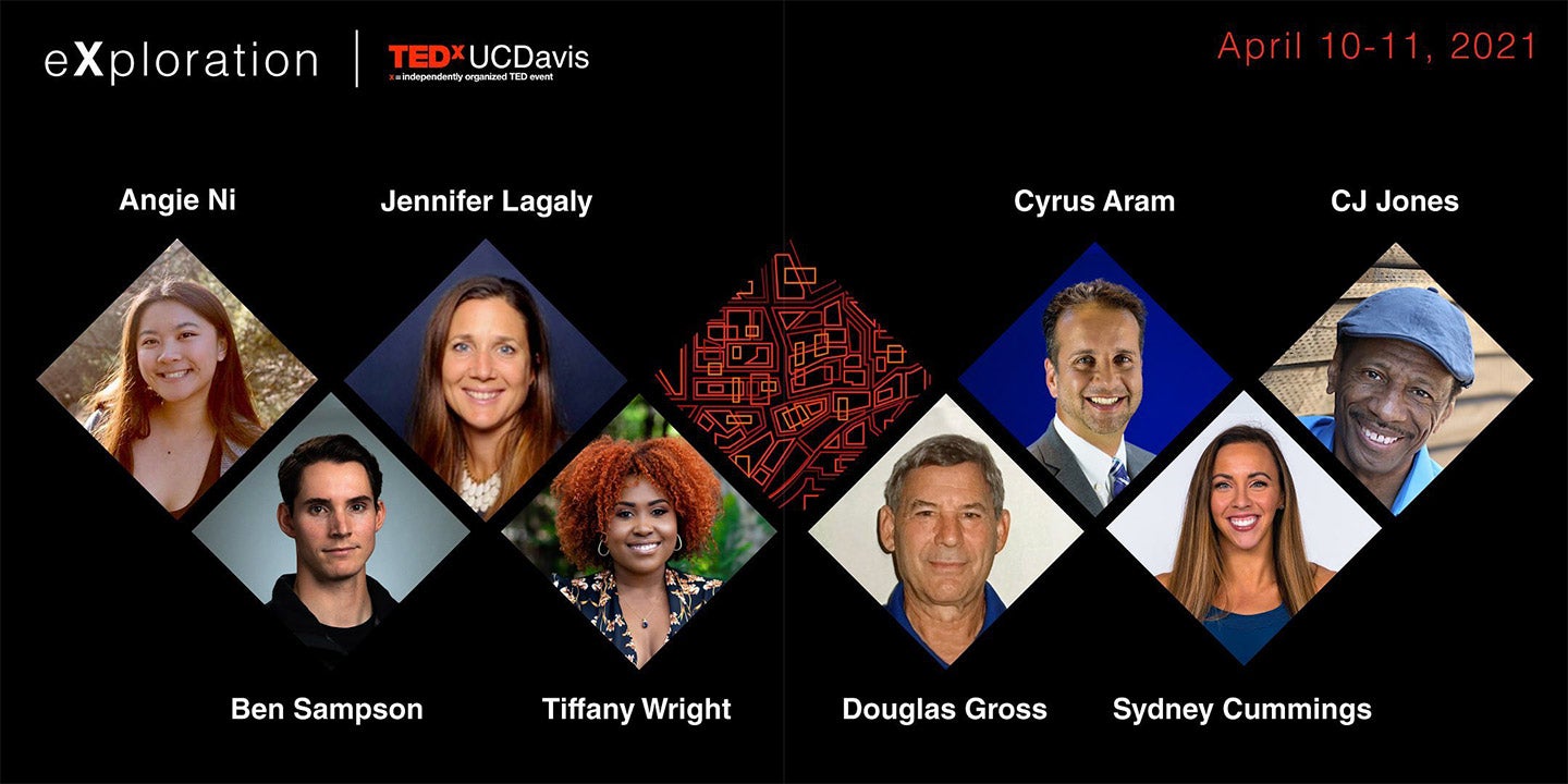 Graphic showing photos of speakers at TEDxUC Davis event.