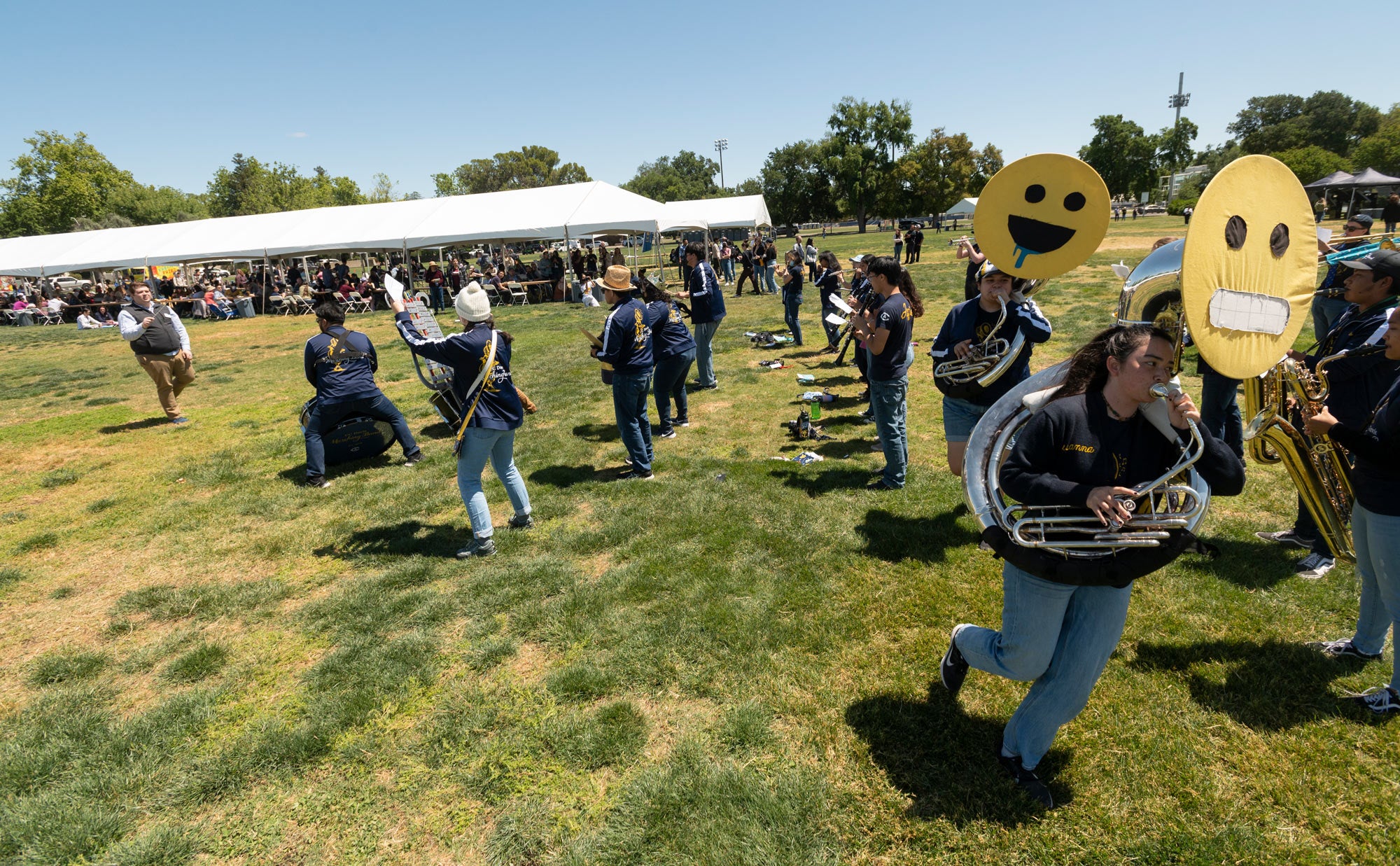 Tuba sections breaks off from UC Davis Marching Band