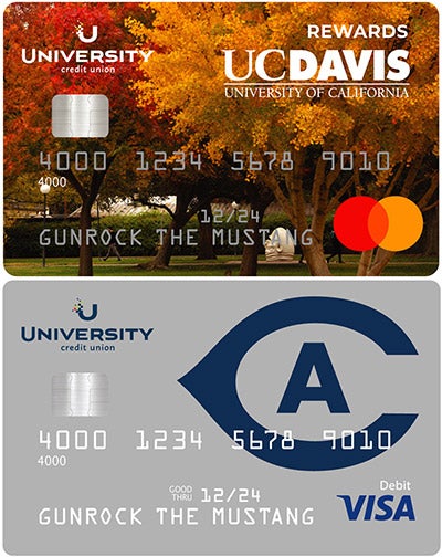 Credit and debit cards with UC Davis branding.