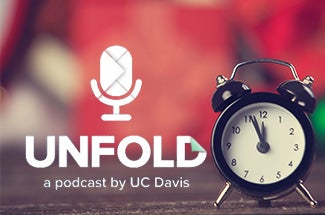 "Unfold" podcast logo with microphone, laid atop image that includes alarm closk