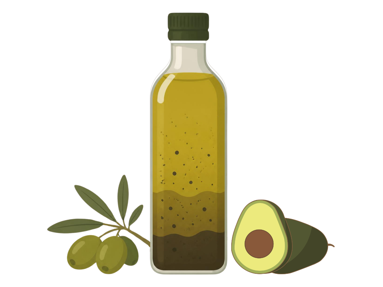 Illustration of olive oil bottle with sediment, olive branch and halved avocado