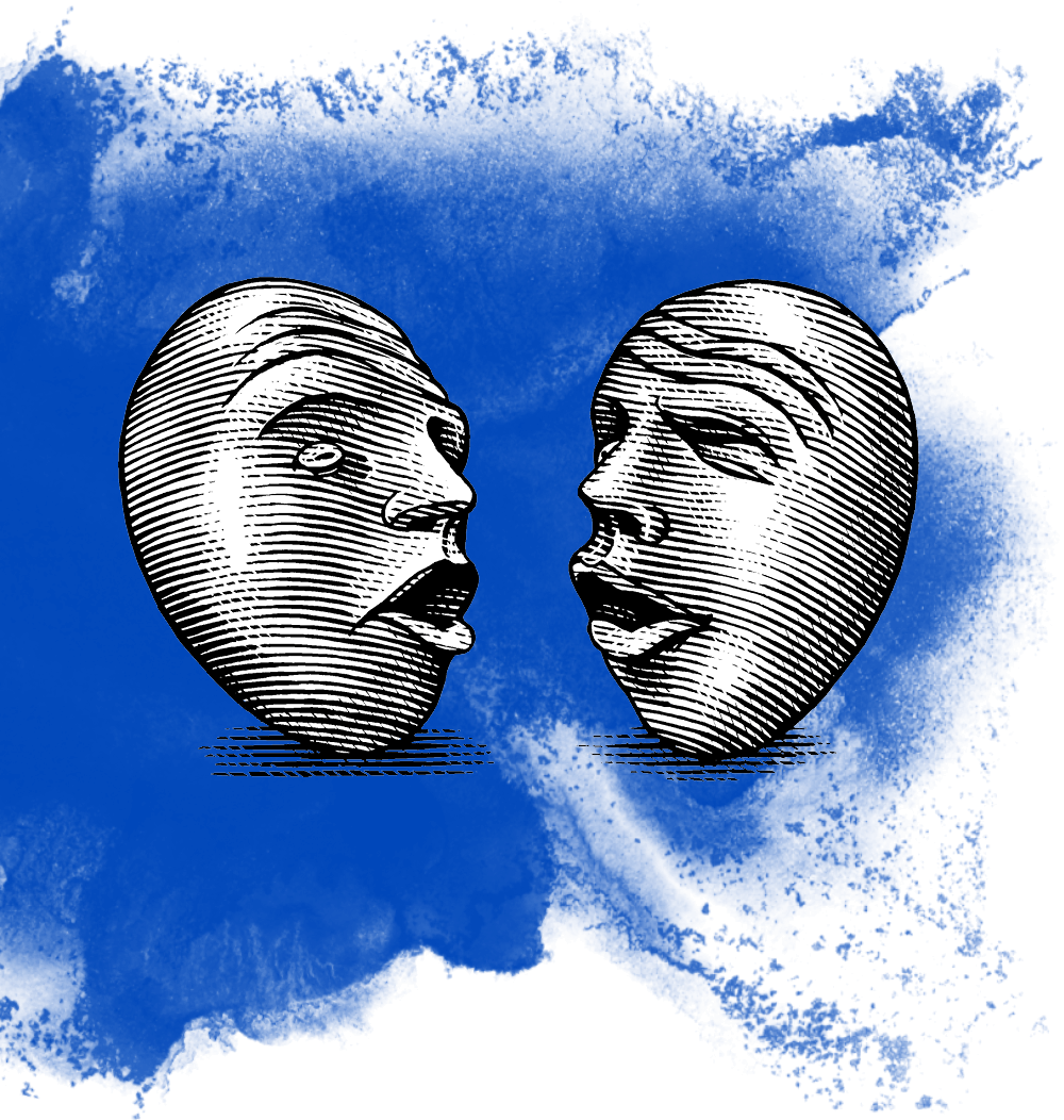 Two eggheads face each other with silly expressions and a blue paint splotch behind them