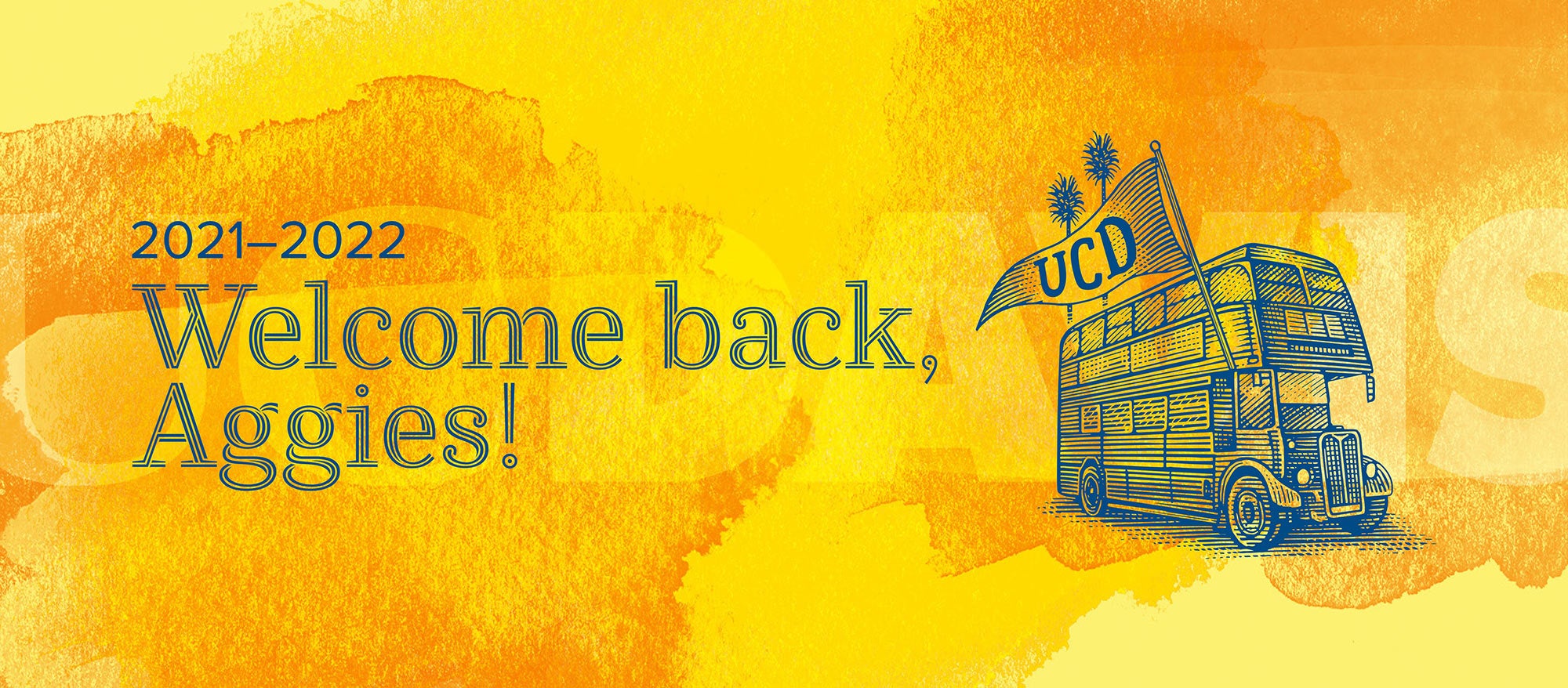 "Welcome back, Aggies" with line drawaing of double-decker bus, from campus poster calendar