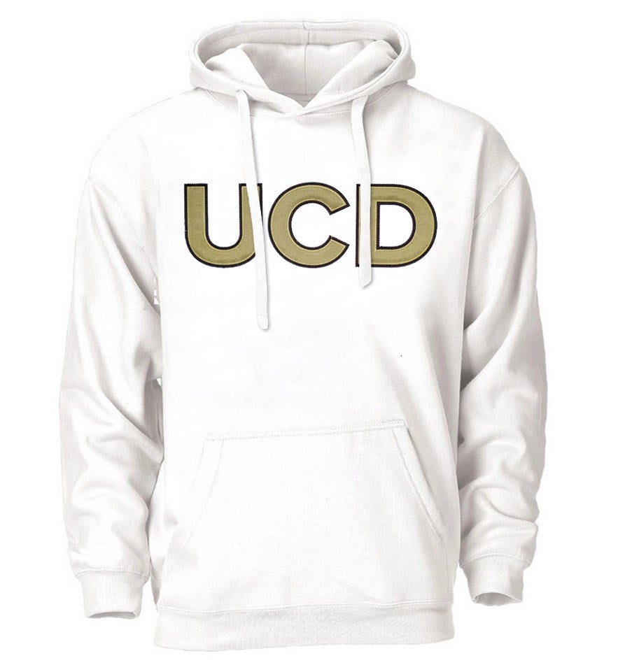 "UCD" in gold with blue outlines, on white hoodie
