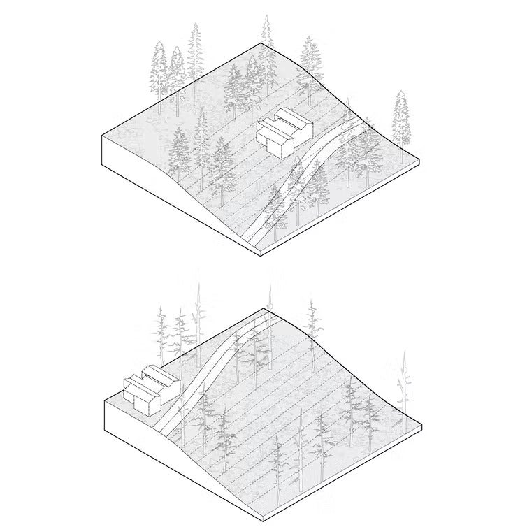 Illustration of a home set back from a road on a steep hillside.