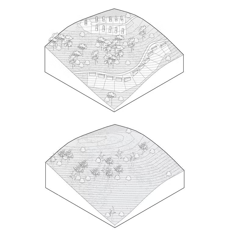 Two illustrations, one of a new subdivision, the other of a few homes.