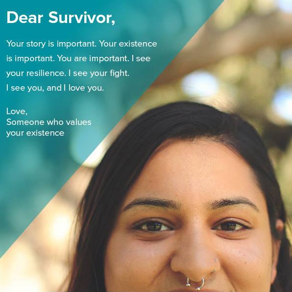 Dear Survivor, with young woman's face, accompanied by letter.
