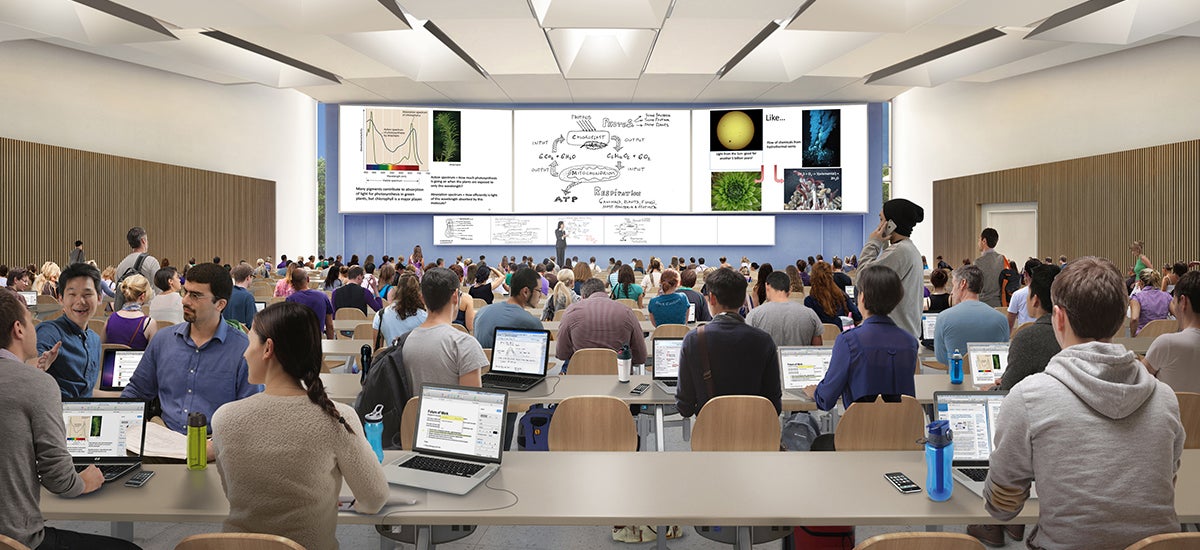 A rendering of the interior of the large lecture hall.