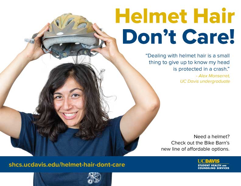 A poster with Alex Monserret urging students to wear bicycle helmets.