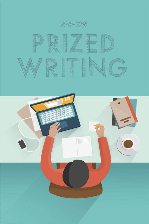 "Prized Writing" book cover, drawing of student at desk with laptop.