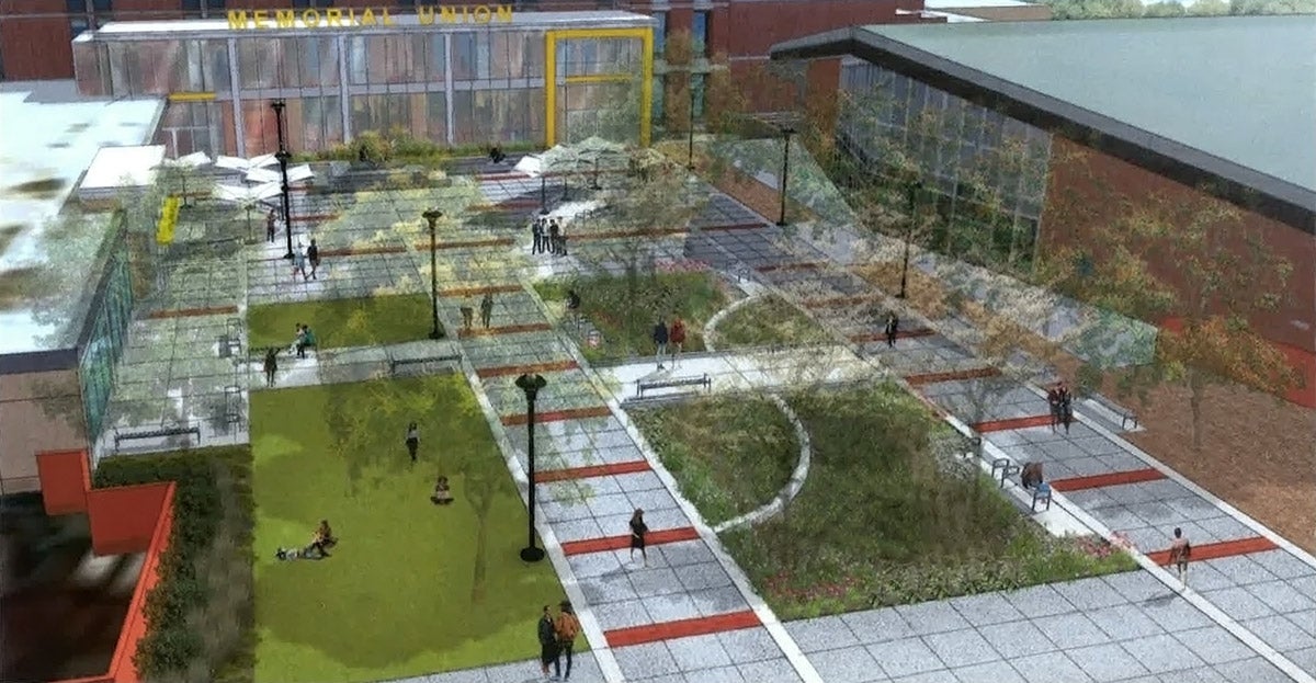 A conceptual rendering of the north courtyard of the Memorial Union.