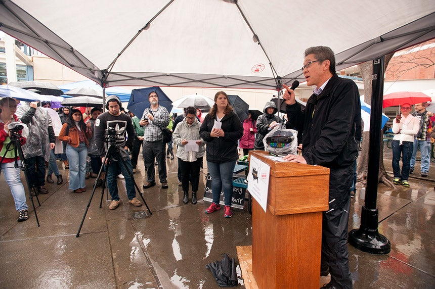 Wesley Young speaks during a rally.